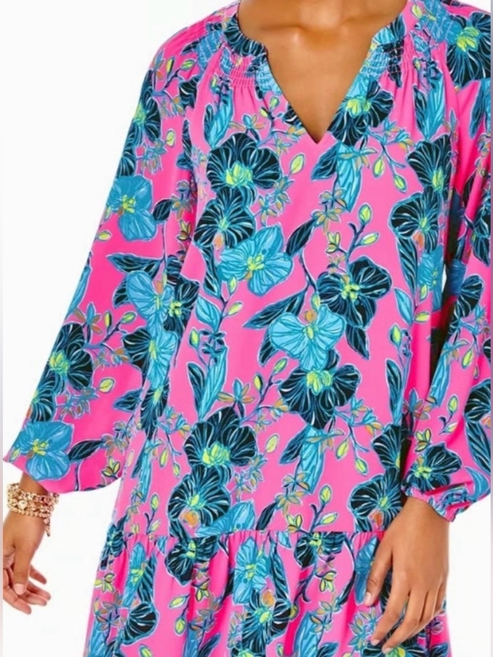 Lilly Pulitzer Lucee Dress Women XS Long Sleeve Pink Isle Blooming For You